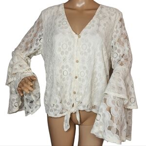Chrysanthemum Lace Ivory Long Flare Sleeves Button Tie Waist Blouse Top Large